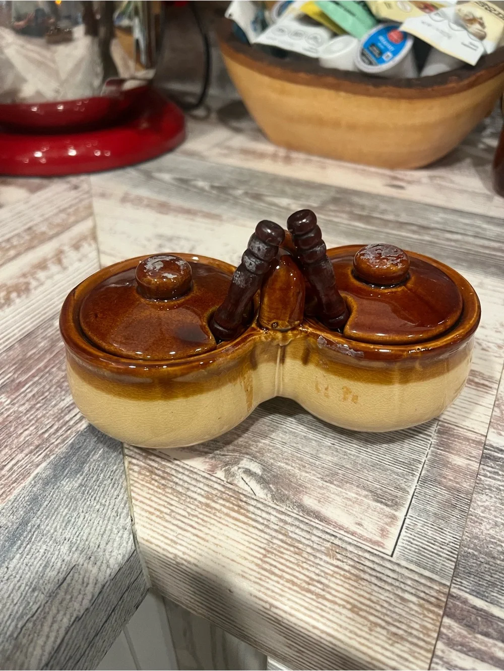 Ceramic Double Spice Jar with Wooden Spoon - Brown